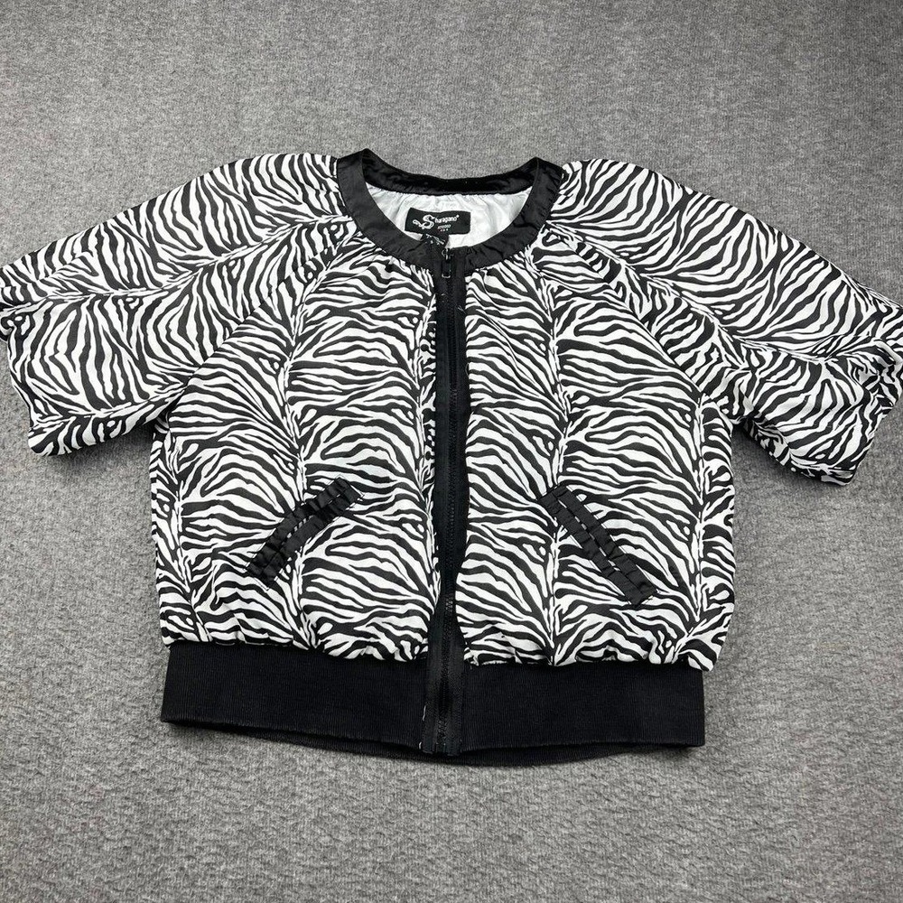 Sharagano Studio Women's Large Print Short Sleeve Bomber Jacket Black White